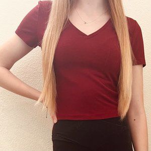Women's Red Short Sleeve V-Neck Cropped T-Shirt